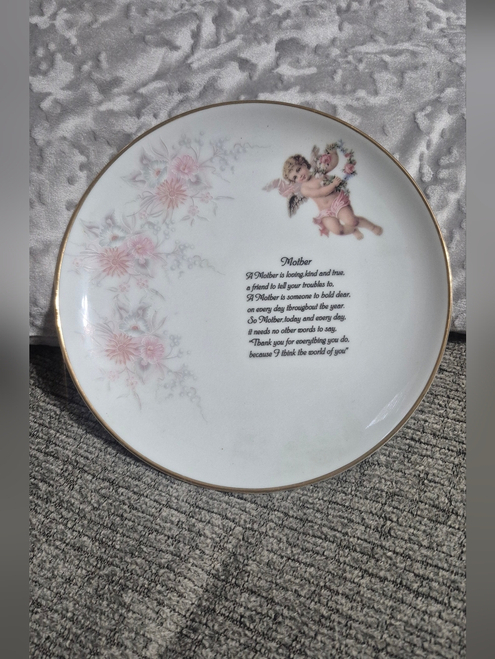 Vintage Mother Cherub Decorative Porcelain Plate - Pink Floral Accent